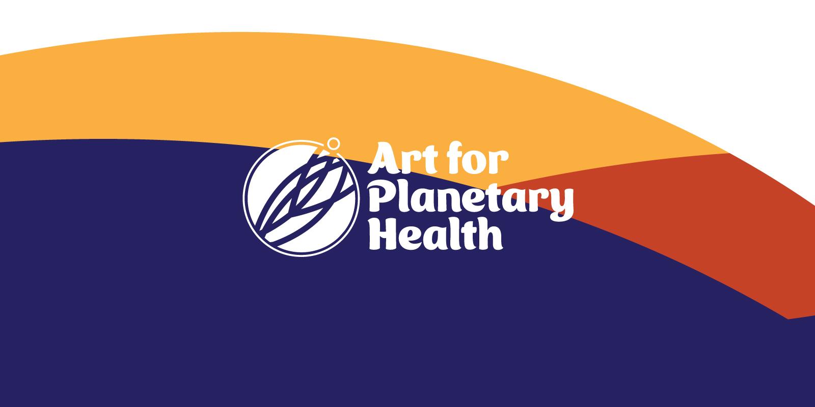 An image with a dark blue, yellow and orange bands running accross and a logo of Art for Planetary Health on white. 