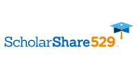 Blue text that says ScholarShare, with Share being bolder than Scholar. The numbers 529 are written in orange and connected to ScholarShare. There is a blue ion of a graduation cap with hanging gold tassel on the end. sponsor logo