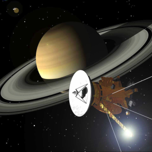 Artists concept of Cassini orbiting the planet Saturn.