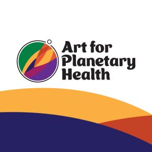 Dark blue, yellow and orange bands runs accross image with a colorful Art for Planetary Health logo mark at the top.